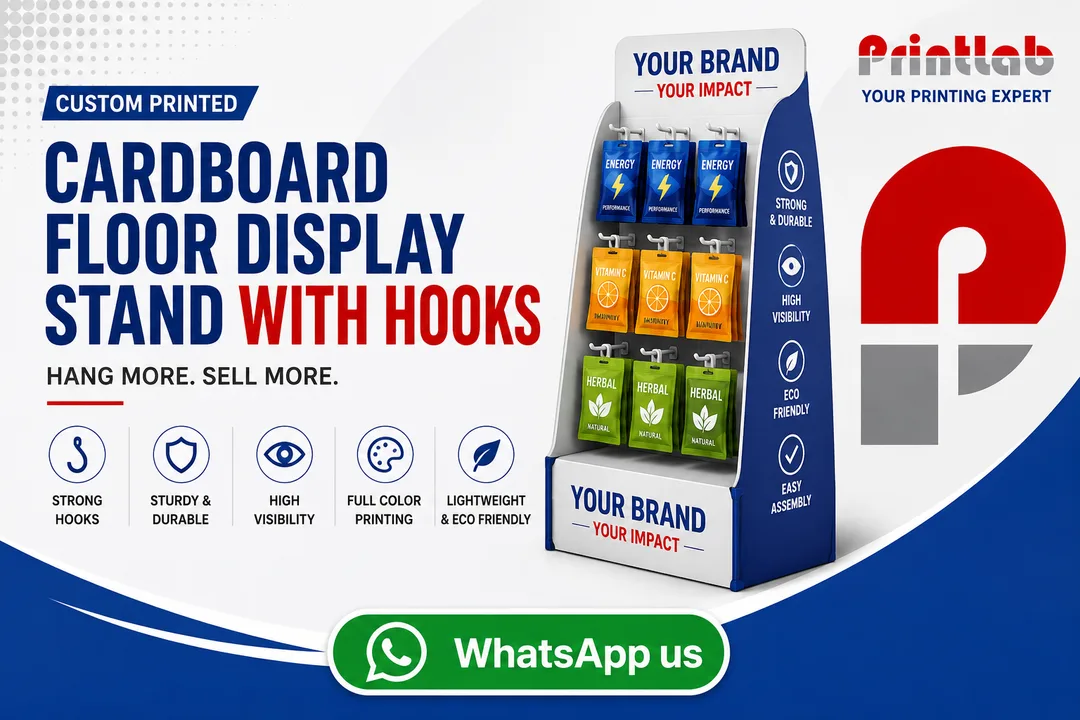 Custom printed corrugated cardboard floor display stand with metal plastic hanging hooks engineered by Printlab Marketing Sdn Bhd in Ara Damansara Petaling Jaya.