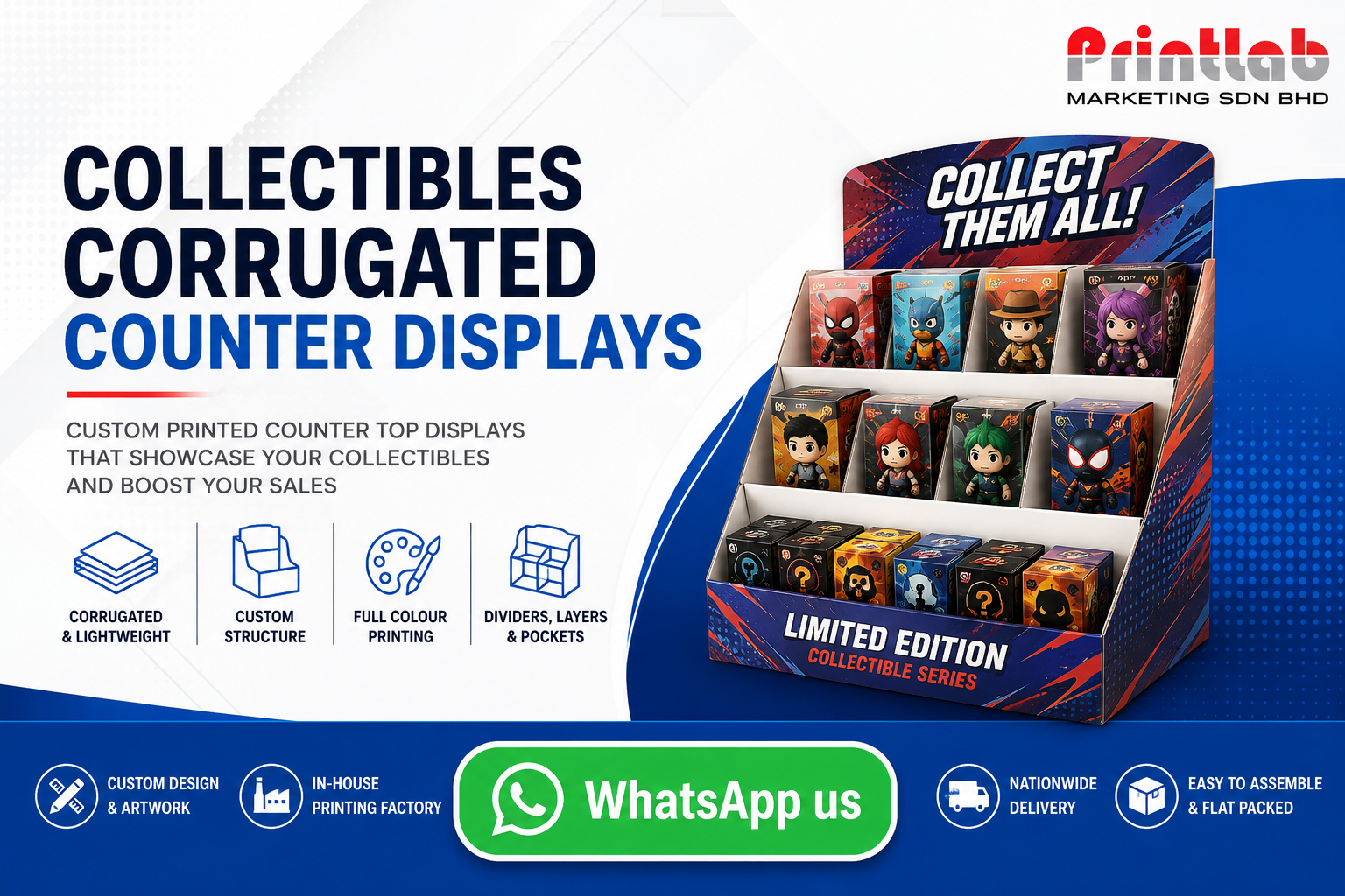 Custom printed Collectibles Corrugated Counter Display Stand manufactured by Printlab Marketing Sdn Bhd in Ara Damansara Petaling Jaya.