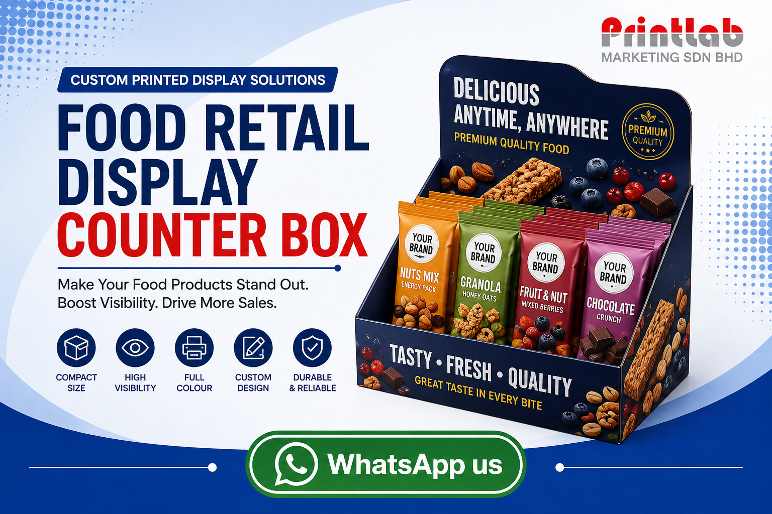 Custom printed corrugated Food Retail Display Counter Box manufactured by Printlab Marketing Sdn Bhd in Ara Damansara Petaling Jaya.