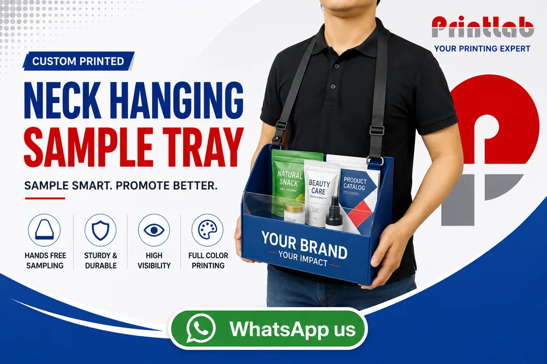 Custom branded neck hanging product sample tray manufactured by Printlab Marketing Sdn Bhd in Ara Damansara Petaling Jaya.