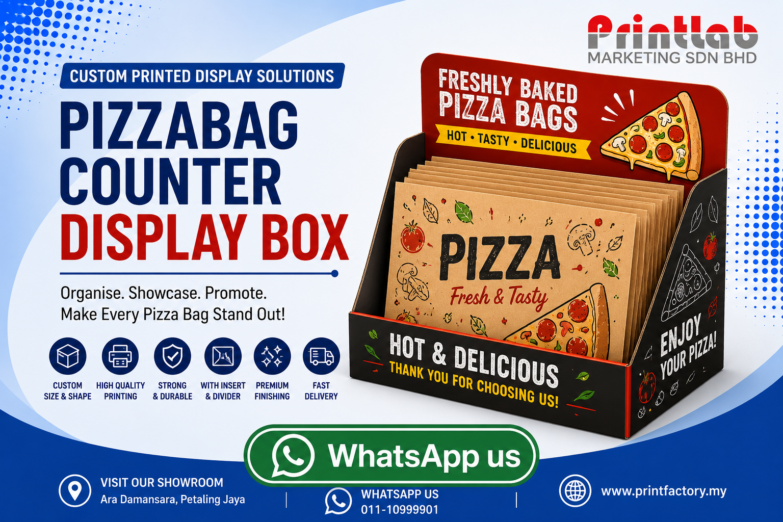 Custom printed PizzaBag Counter Display Box manufactured by Printlab Marketing Sdn Bhd in Ara Damansara Petaling Jaya.