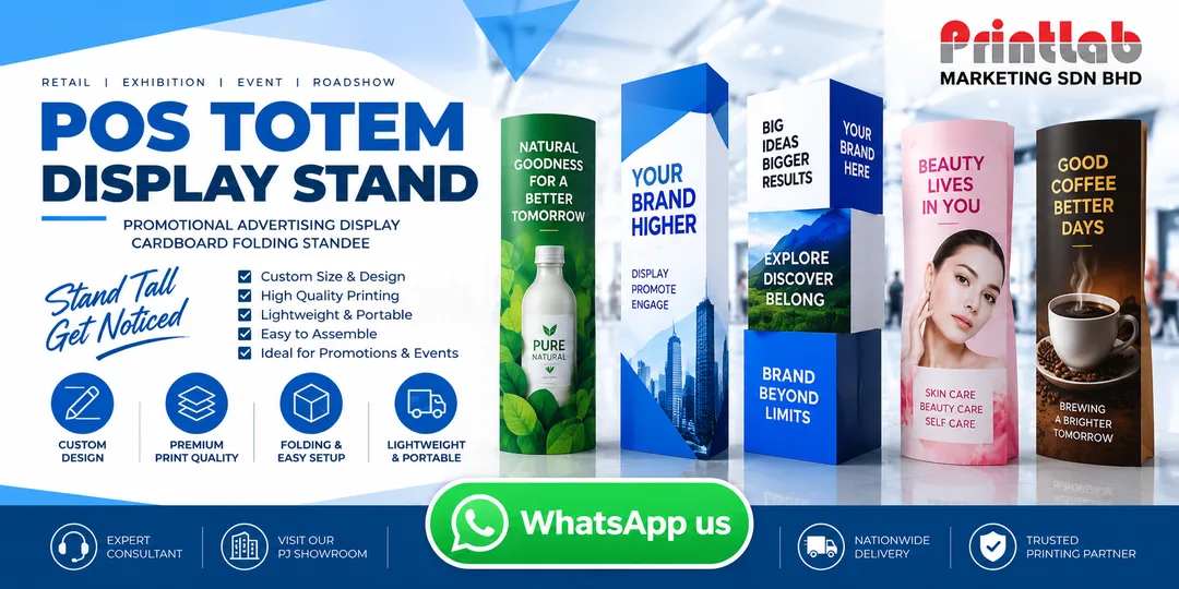 Custom printed automatic pop-up POS Totem Lama cardboard folding standee display manufactured by Printlab Marketing Sdn Bhd in Ara Damansara Petaling Jaya.