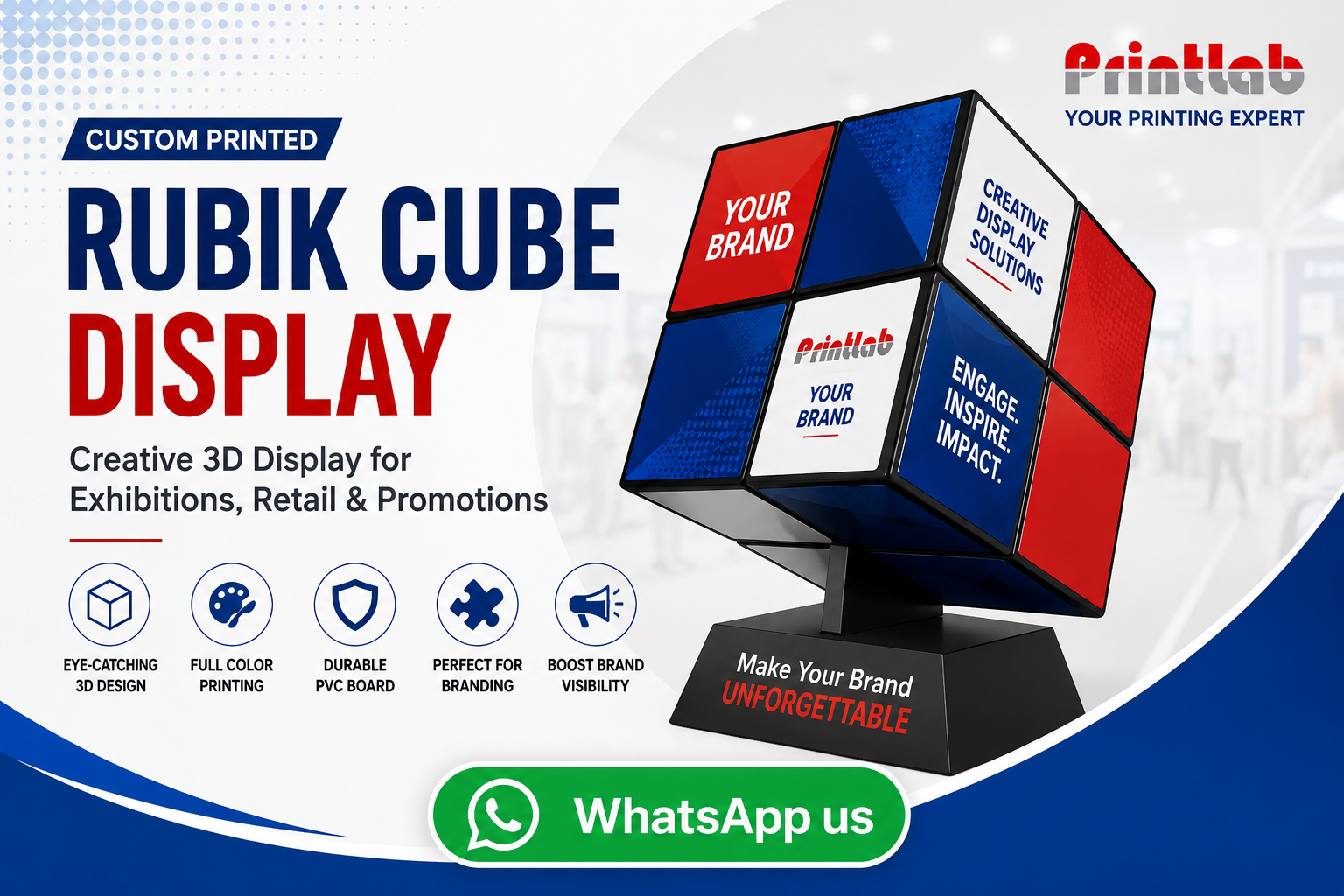 Custom printed cardboard Rubik cube display stand with modular rotating graphics engineered by Printlab Marketing Sdn Bhd in Ara Damansara Petaling Jaya.