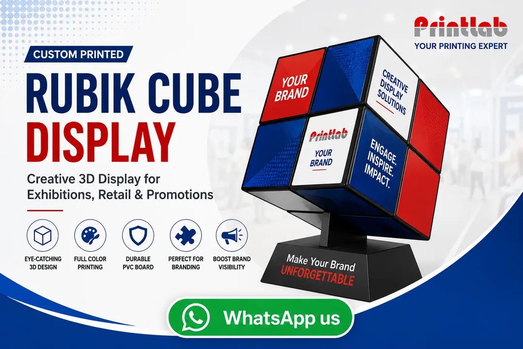 Custom printed cardboard Rubik cube display stand with modular rotating graphics engineered by Printlab Marketing Sdn Bhd in Ara Damansara Petaling Jaya.