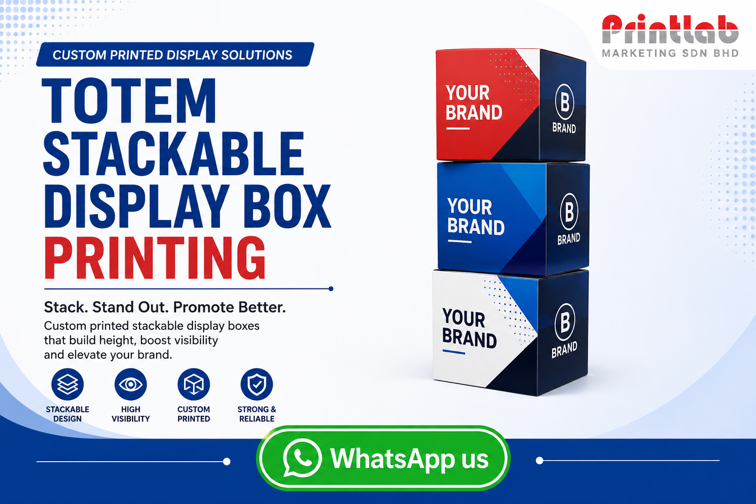 Custom printed corrugated Totem Stackable Display Box tower produced by Printlab Marketing Sdn Bhd in Ara Damansara Petaling Jaya.
