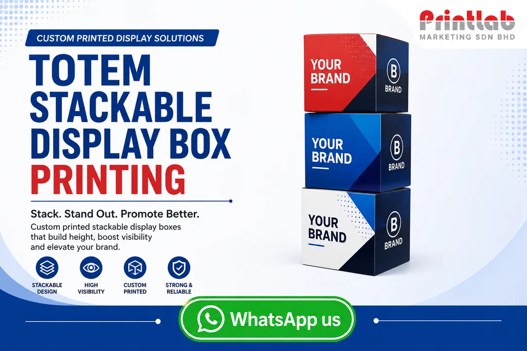 Custom printed corrugated Totem Stackable Display Box tower produced by Printlab Marketing Sdn Bhd in Ara Damansara Petaling Jaya.