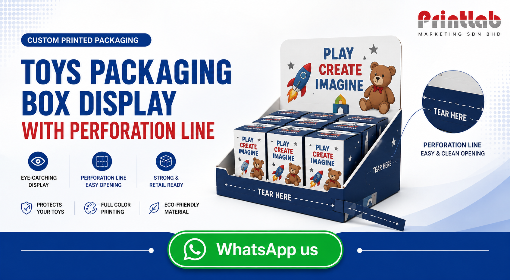 Custom printed cardboard Toys Packaging Box Display with precision perforation line manufactured by Printlab Marketing Sdn Bhd in Ara Damansara Petaling Jaya.