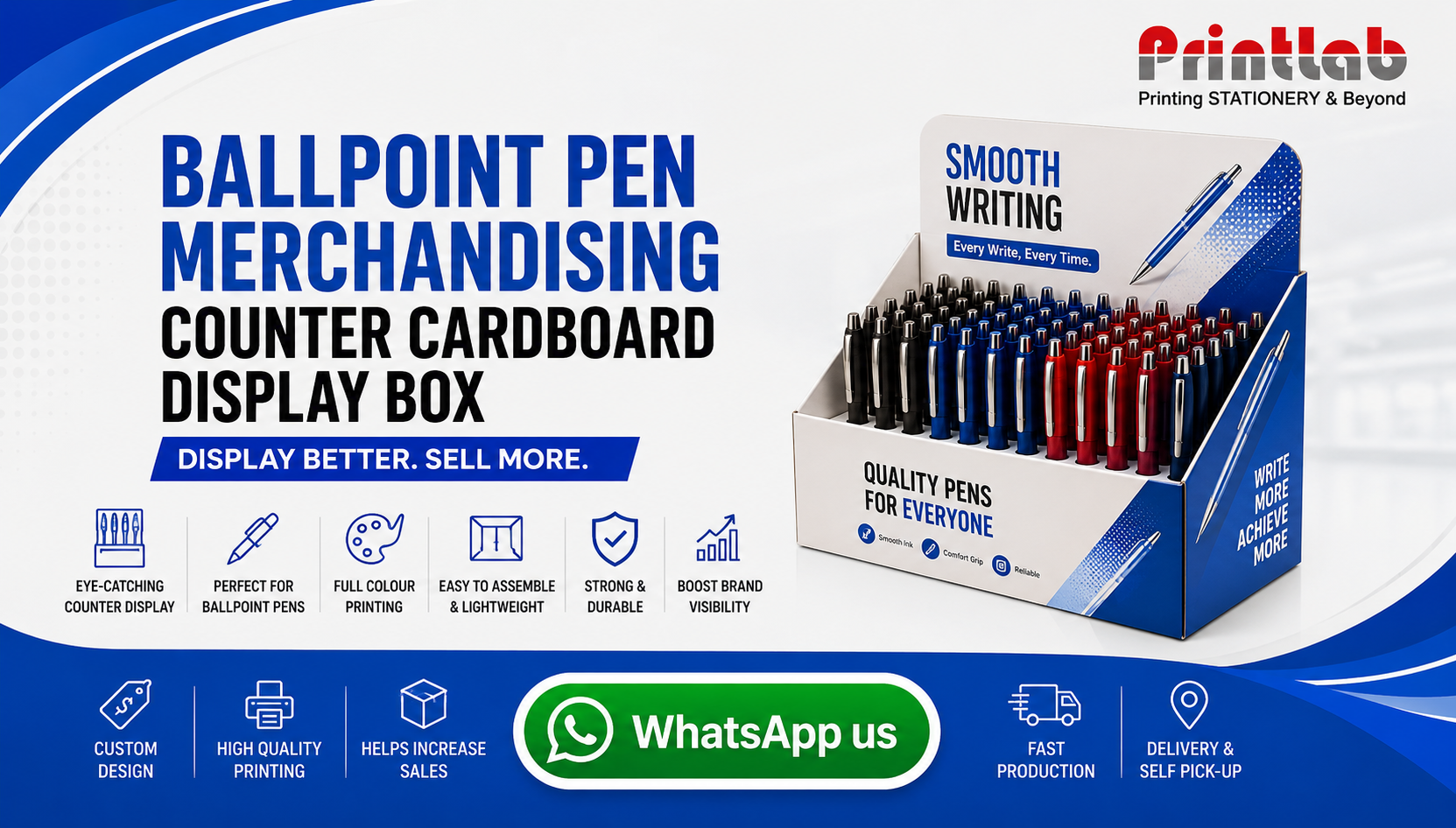 Custom printed ballpoint pen merchandising counter cardboard display box with die-cut pen slots, high-definition CMYK UV printing, and sturdy corrugated structure manufactured by Printlab Marketing Sdn Bhd in Ara Damansara Petaling Jaya.