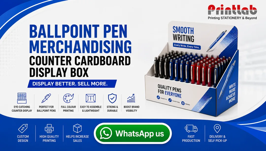 Custom printed ballpoint pen merchandising counter cardboard display box with die-cut pen slots, high-definition CMYK UV printing, and sturdy corrugated structure manufactured by Printlab Marketing Sdn Bhd in Ara Damansara Petaling Jaya.