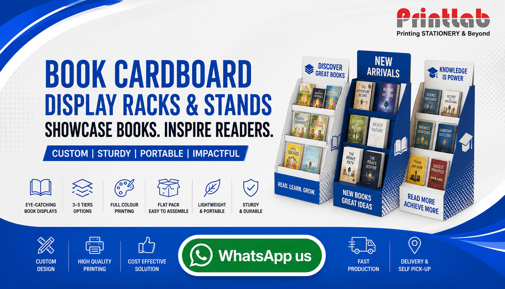Custom printed multi-tiered book cardboard display rack and floor stand with reinforced corrugated load-bearing shelves, high-definition CMYK UV printing, and custom header card manufactured by Printlab Marketing Sdn Bhd in Ara Damansara Petaling Jaya.