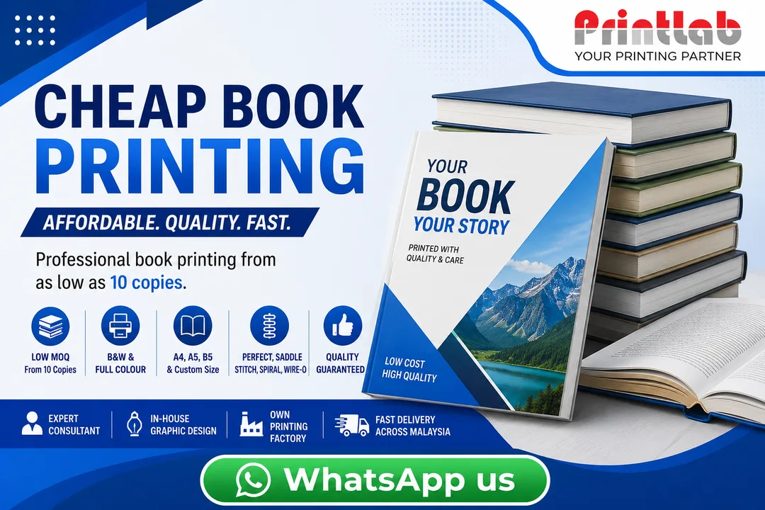 Printlab Marketing affordable high-quality cheap book printing with perfect binding and saddle stitching at Ara Damansara Petaling Jaya plant.
