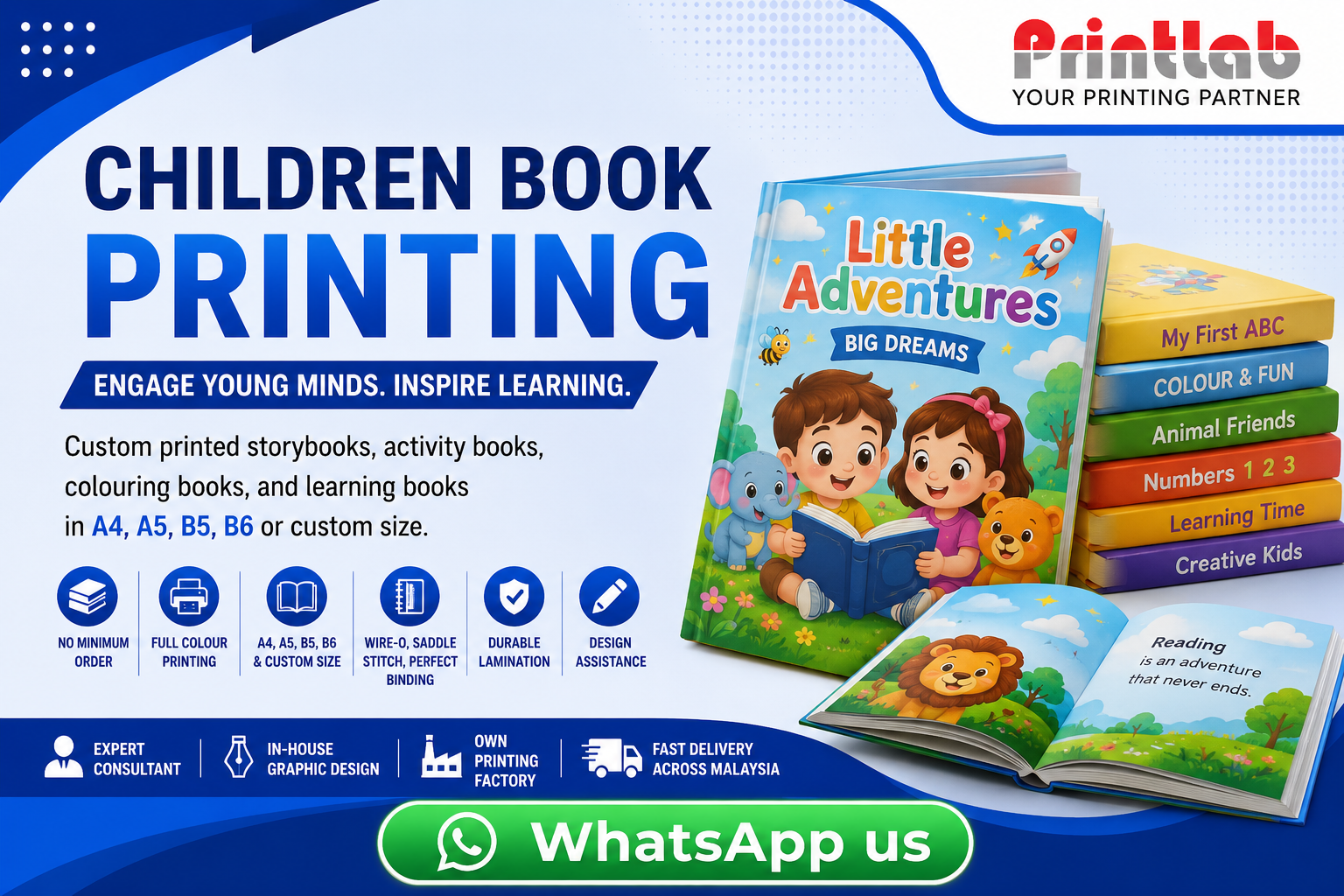 Printlab Marketing high-quality custom children book printing with vibrant non-toxic inks and rounded corners at Ara Damansara Petaling Jaya plant.