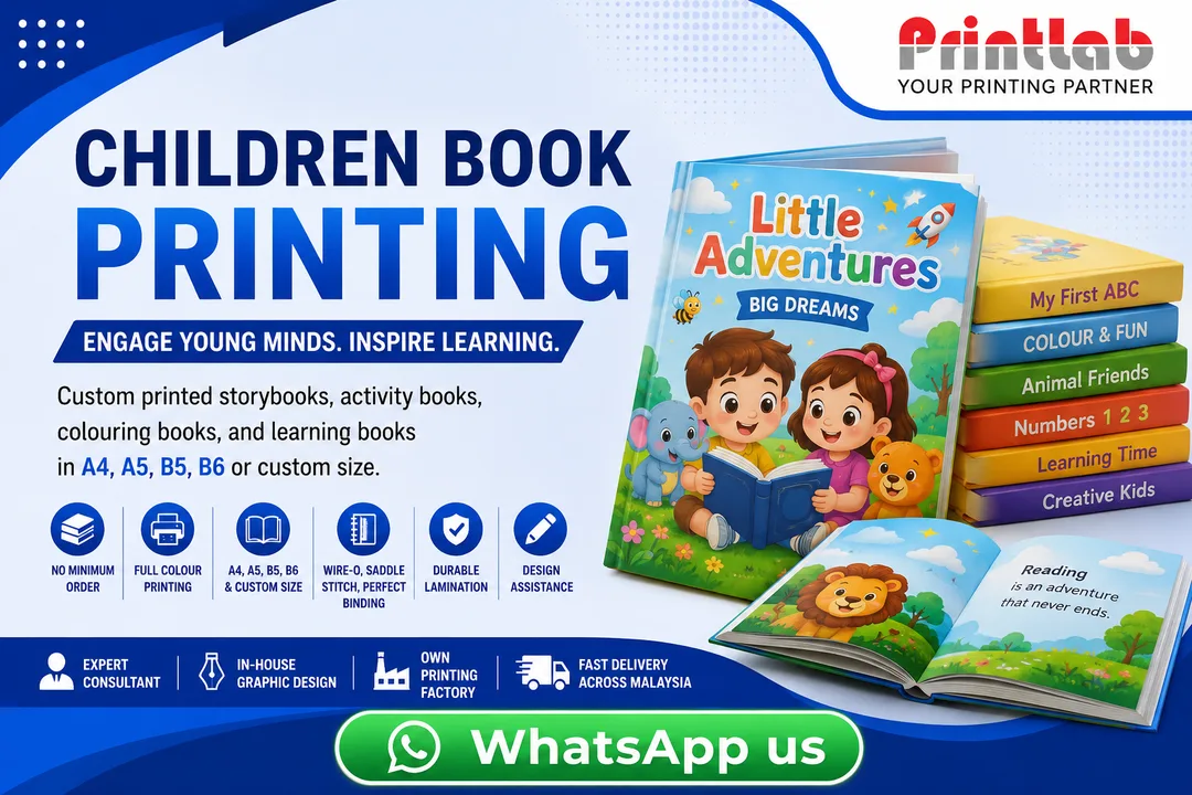 Printlab Marketing high-quality custom children book printing with vibrant non-toxic inks and rounded corners at Ara Damansara Petaling Jaya plant.