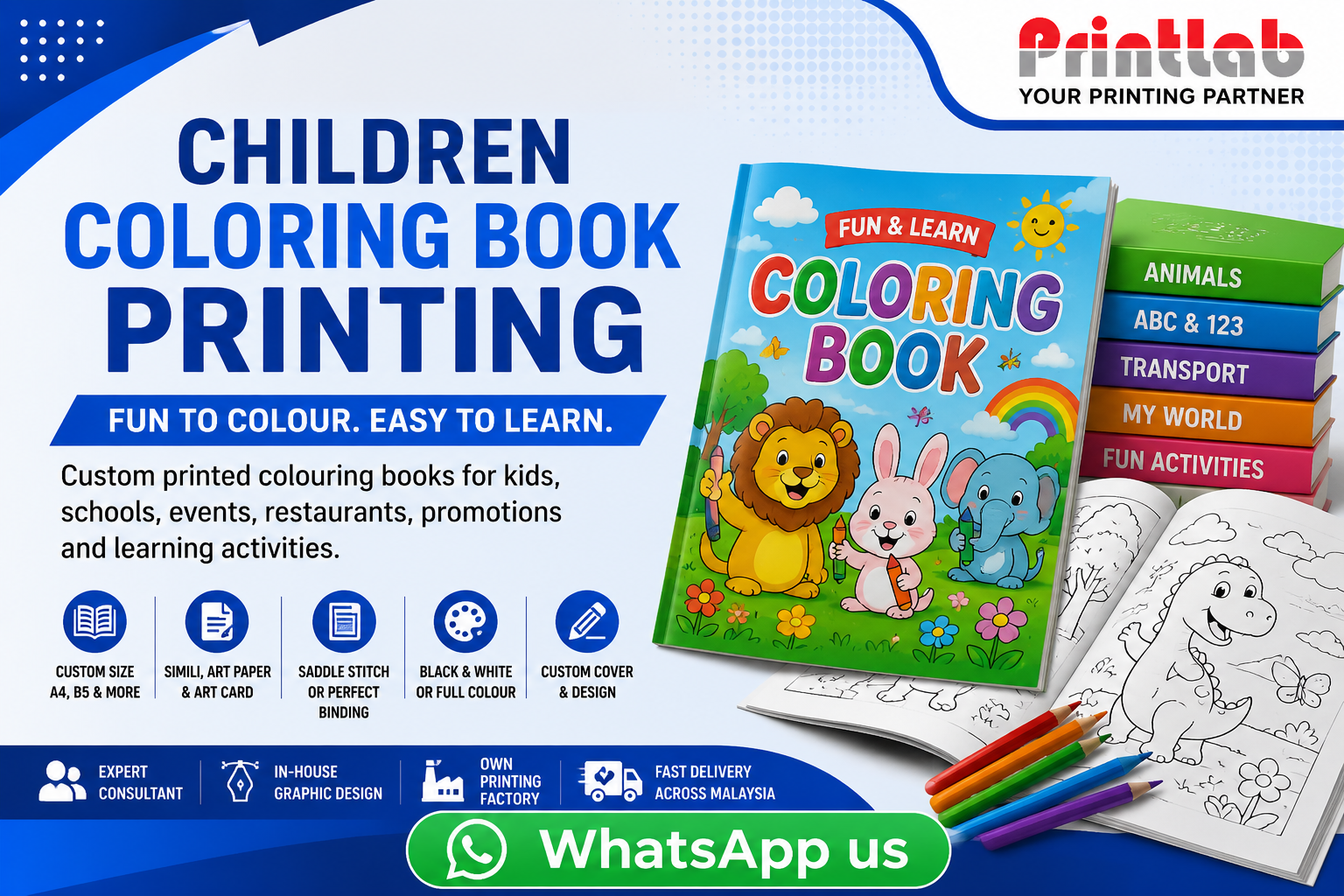 Printlab Marketing high-quality custom children coloring book printing with non-toxic inks, high-opacity simili paper, and rounded safety corners at Ara Damansara Petaling Jaya plant.