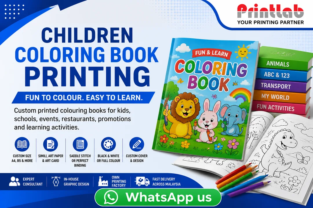 Printlab Marketing high-quality custom children coloring book printing with non-toxic inks, high-opacity simili paper, and rounded safety corners at Ara Damansara Petaling Jaya plant.