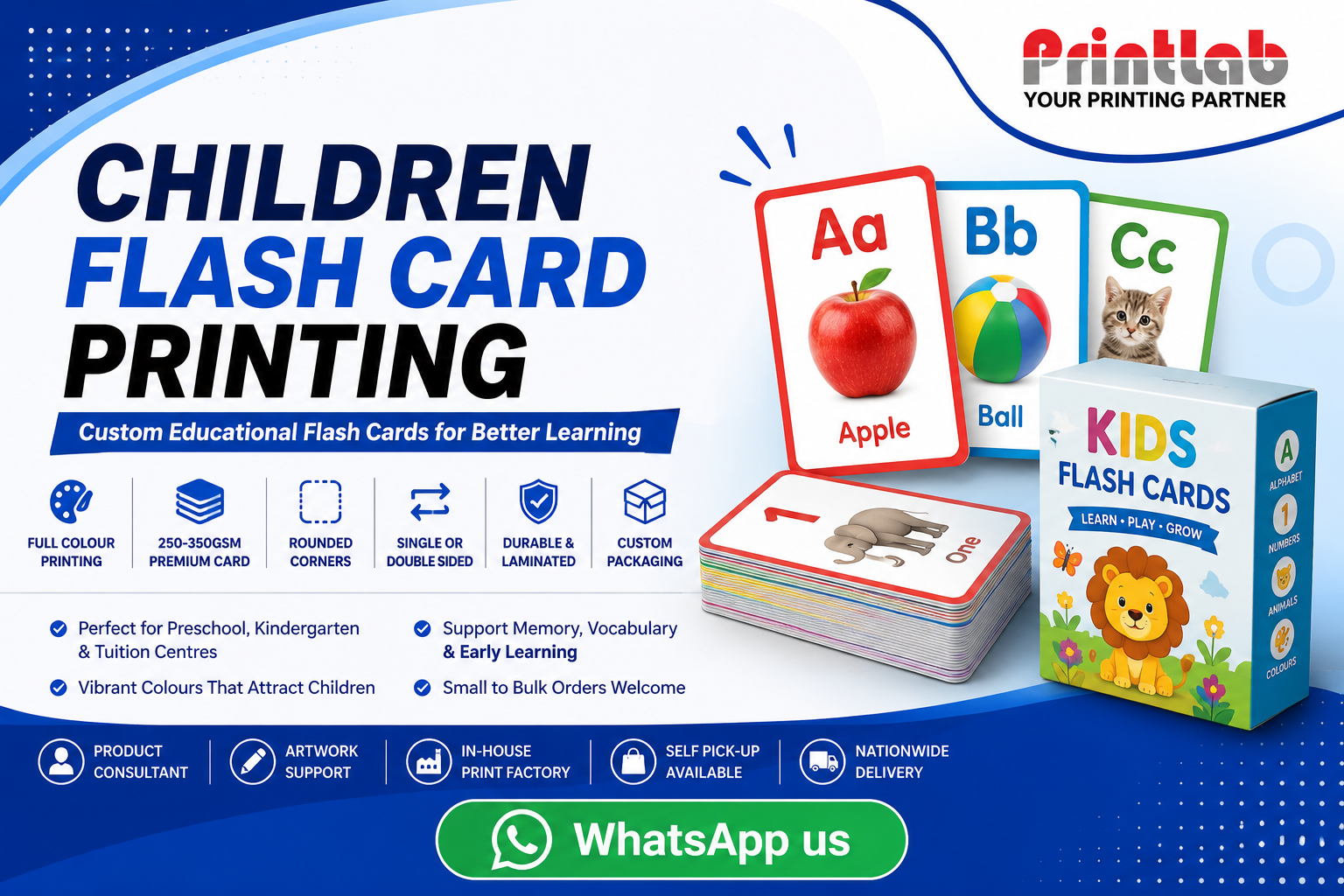 Printlab Marketing custom children flash card printing service featuring vibrant full-color printing, tear-resistant lamination, child-safe rounded corners, and custom tuck boxes produced at Ara Damansara Petaling Jaya facility.