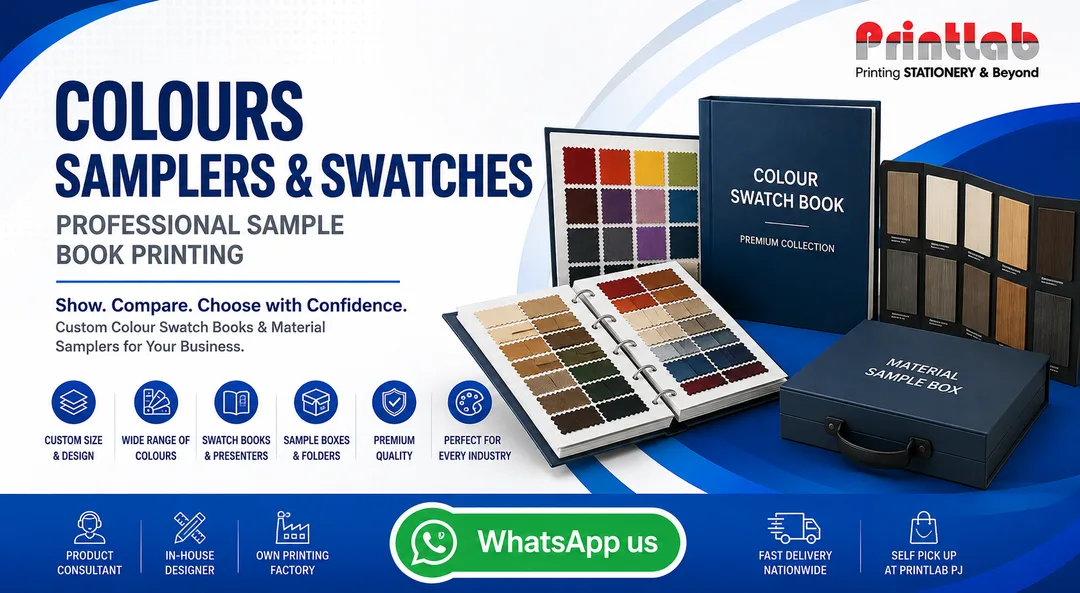 Printlab Marketing custom printed colour samplers and fan deck swatches featuring precision color matching, heavy-duty chipboard hardcase covers, screw post bindings, and matte lamination at Ara Damansara Petaling Jaya production facility.