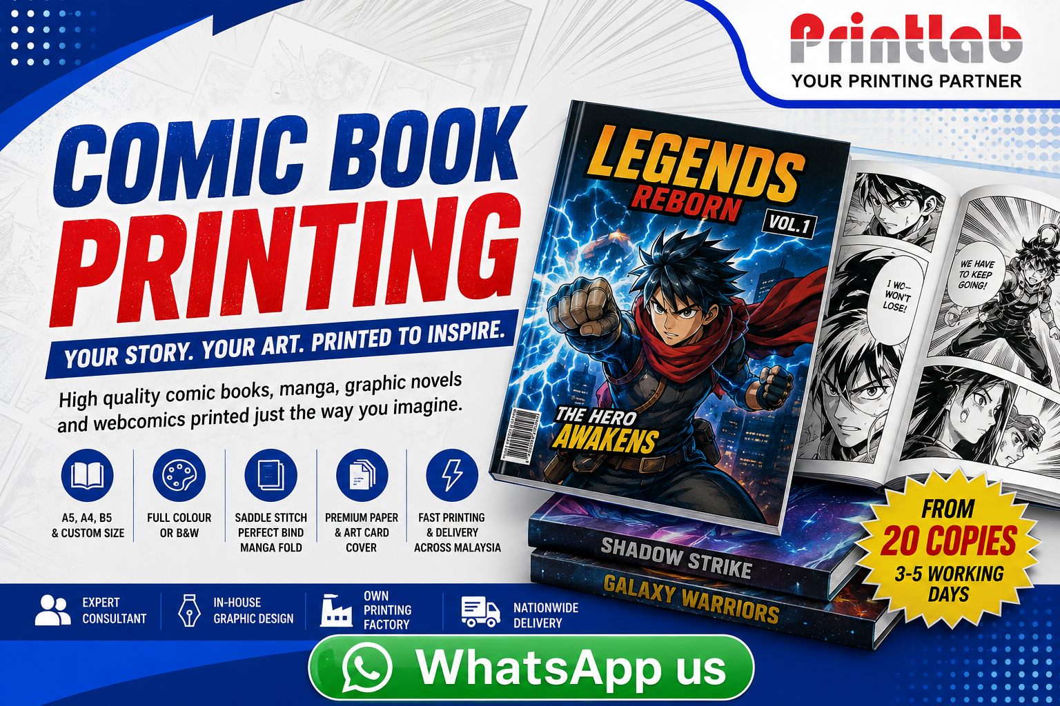 Printlab Marketing high-quality custom comic book and manga printing with perfect binding, saddle stitching, sharp CTP digital offset print, and matte laminated cover at Ara Damansara Petaling Jaya facility.