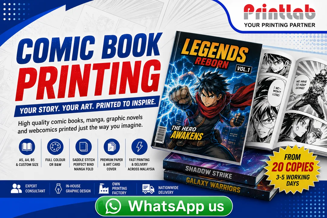 Printlab Marketing high-quality custom comic book and manga printing with perfect binding, saddle stitching, sharp CTP digital offset print, and matte laminated cover at Ara Damansara Petaling Jaya facility.