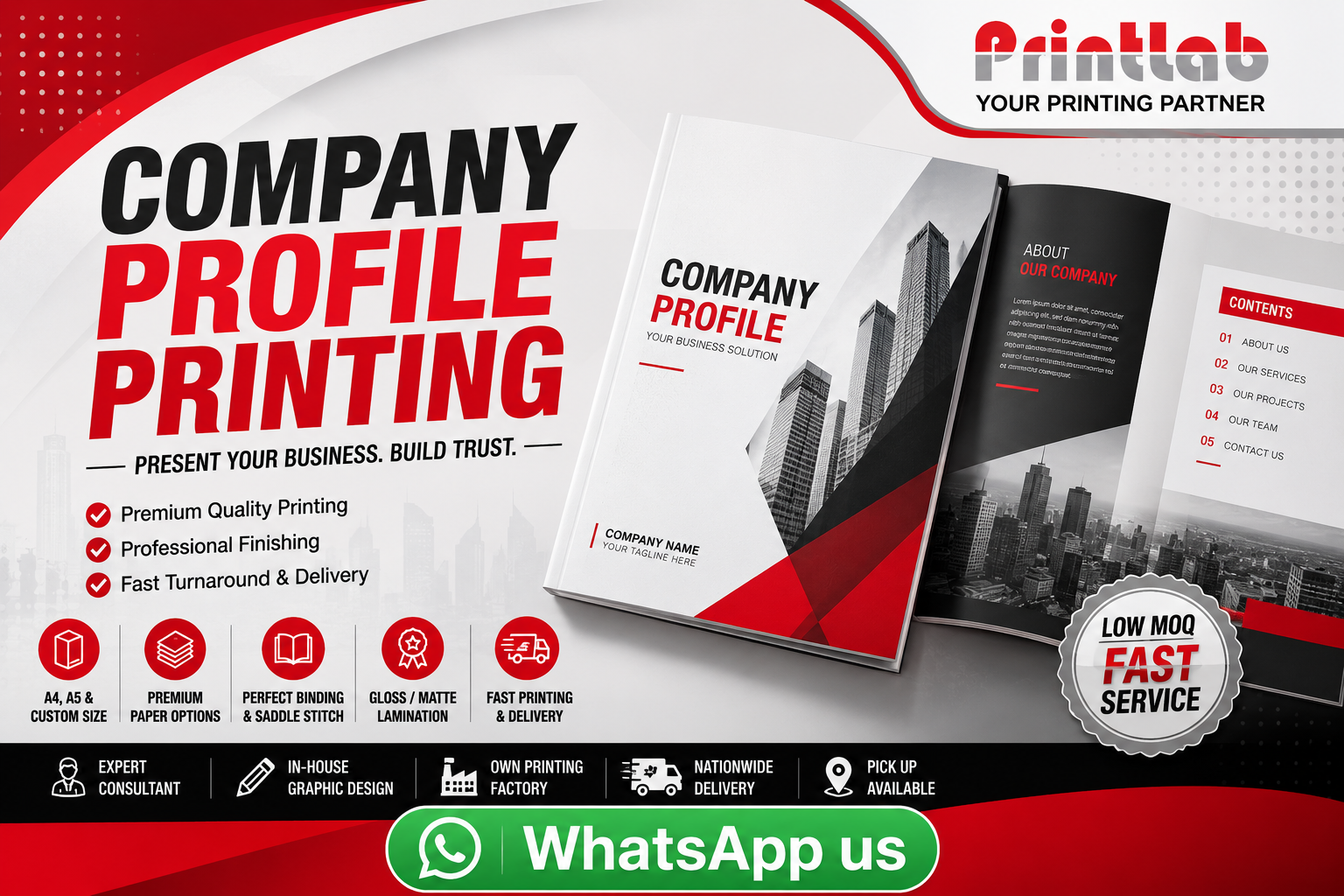 Printlab Marketing high-quality custom corporate company profile printing with perfect binding, saddle stitching, sharp CTP digital offset print, and matte laminated cover at Ara Damansara Petaling Jaya facility.