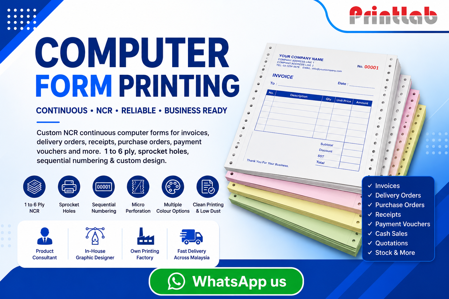 Printlab Marketing custom multi-ply continuous computer form printing with sprocket holes and sequential numbering at Ara Damansara Petaling Jaya plant.