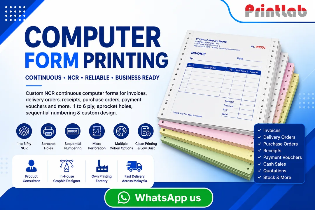 Printlab Marketing custom multi-ply continuous computer form printing with sprocket holes and sequential numbering at Ara Damansara Petaling Jaya plant.