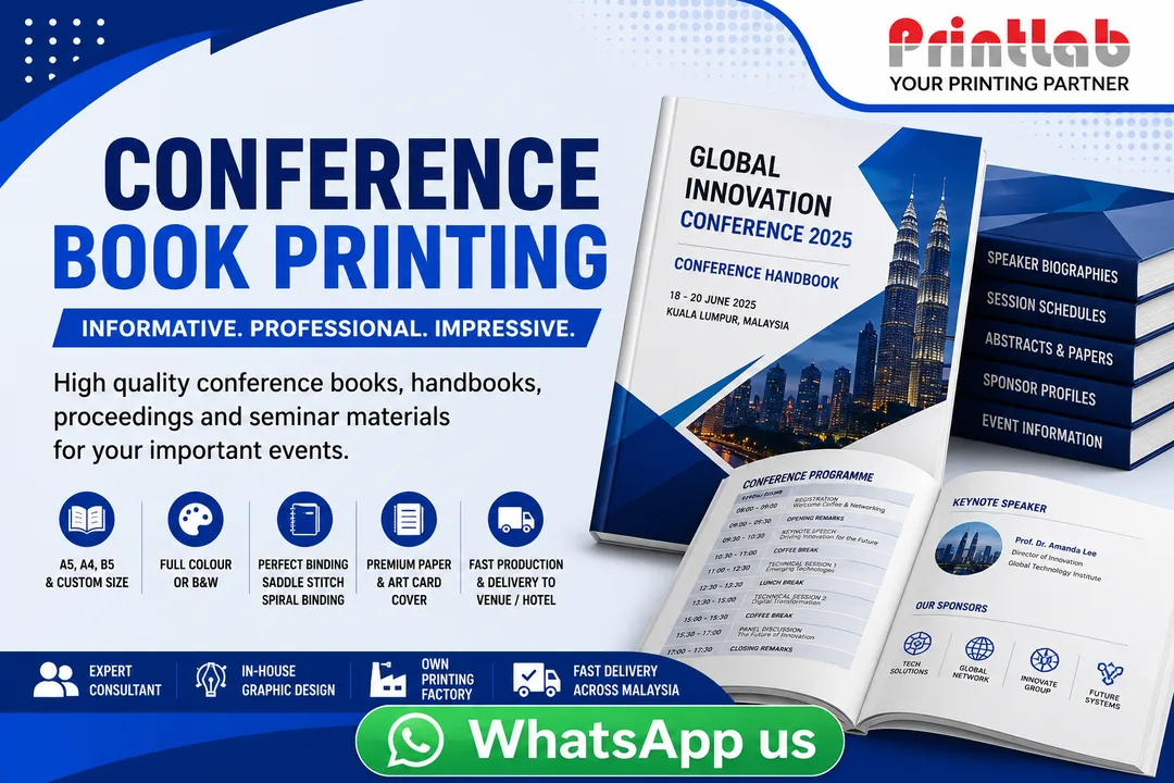 Printlab Marketing high-quality custom conference book printing with perfect binding, sharp CTP digital offset print, and matte laminated cover at Ara Damansara Petaling Jaya facility.