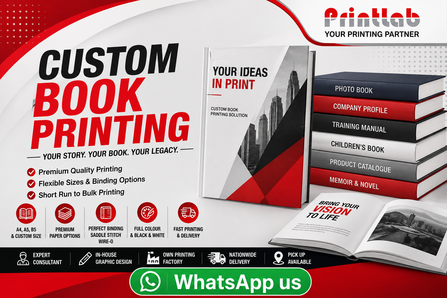 Printlab Marketing high quality custom book printing featuring PUR perfect bound softcover books, hardcover novels, and wire-o training manuals at Ara Damansara Petaling Jaya production plant.