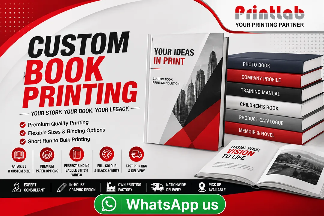 Printlab Marketing high quality custom book printing featuring PUR perfect bound softcover books, hardcover novels, and wire-o training manuals at Ara Damansara Petaling Jaya production plant.