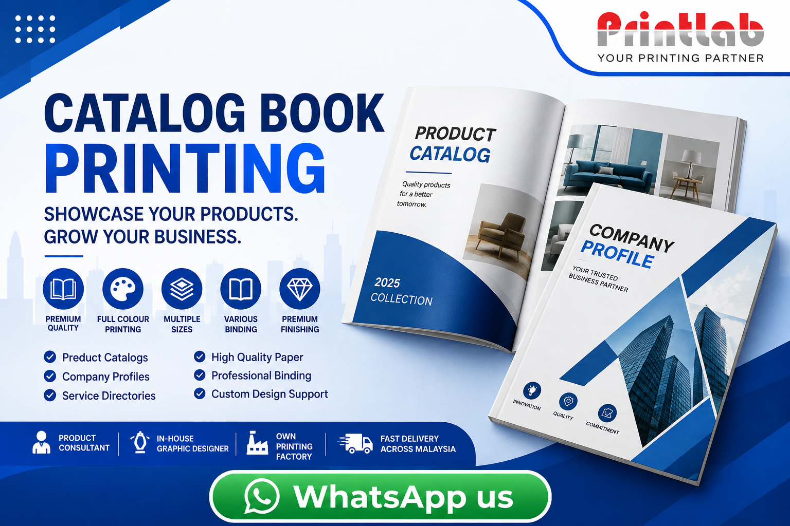 Printlab Marketing high-quality custom product catalog book printing with saddle stitch and perfect binding at Ara Damansara Petaling Jaya plant.