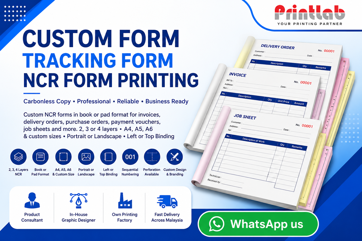 Printlab Marketing custom multi-ply carbonless NCR tracking form printing with sequential numbering and micro-perforation at Ara Damansara Petaling Jaya plant.