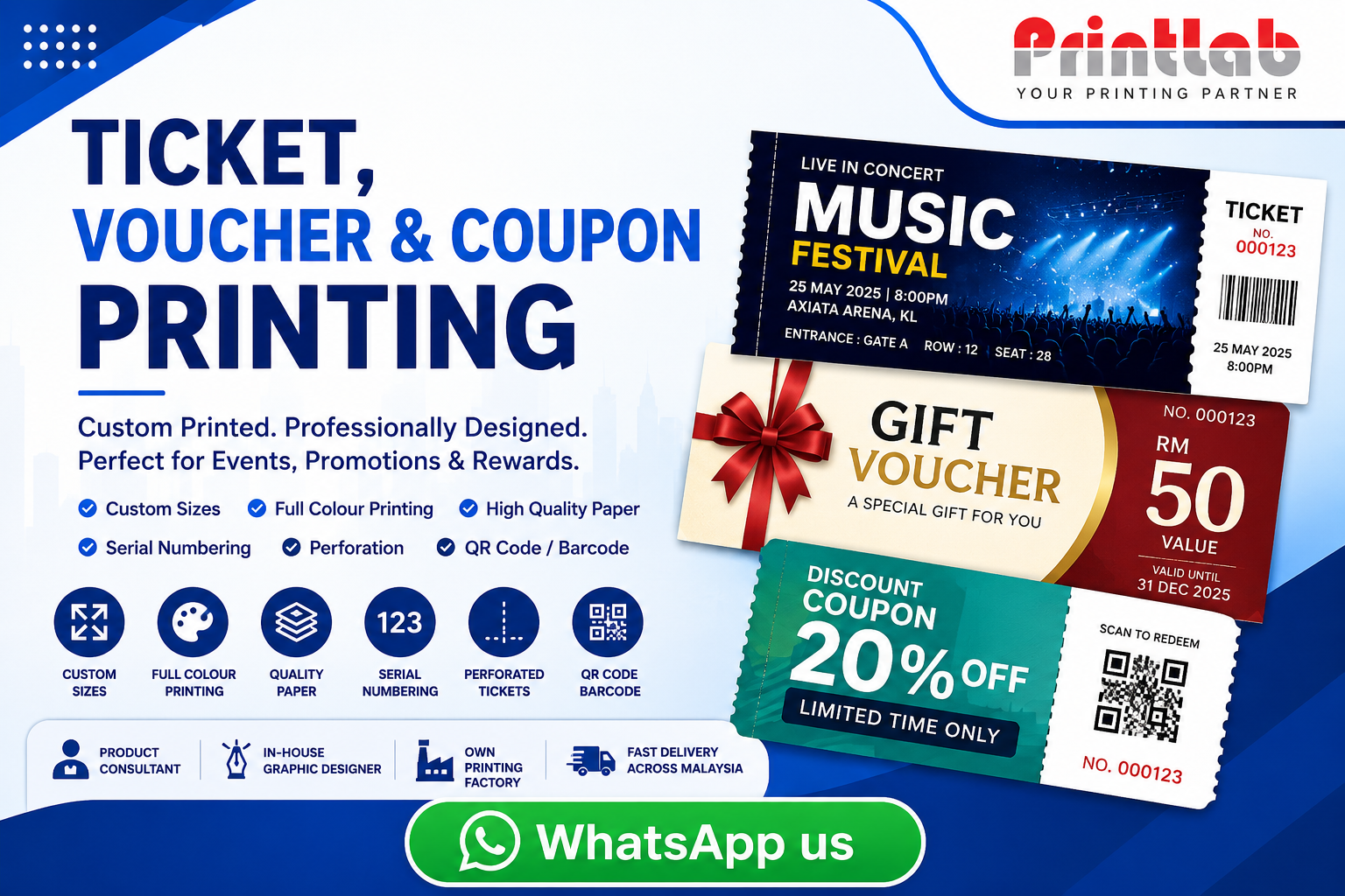 Printlab Marketing custom ticket voucher and coupon printing with sequential numbering, tear-off perforation stub, and security anti-counterfeiting features in Ara Damansara Petaling Jaya