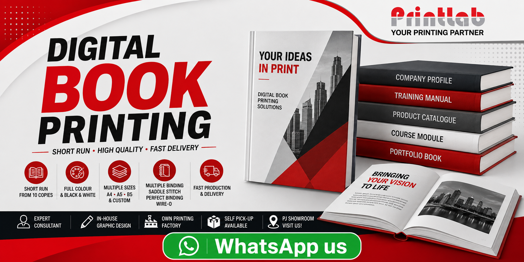 Printlab Marketing high-definition digital book printing featuring short-run softcover books, manuals, and wire-o workbooks at Ara Damansara Petaling Jaya production plant.