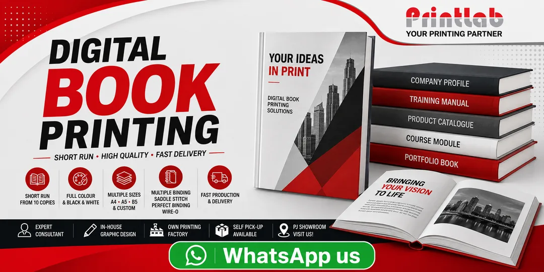 Printlab Marketing high-definition digital book printing featuring short-run softcover books, manuals, and wire-o workbooks at Ara Damansara Petaling Jaya production plant.