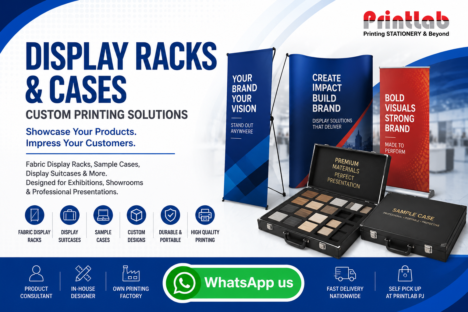 Printlab Marketing custom printed fabric display racks, aluminum presentation suitcases, and trade show sample cases with CNC foam inserts produced at Ara Damansara Petaling Jaya facility.