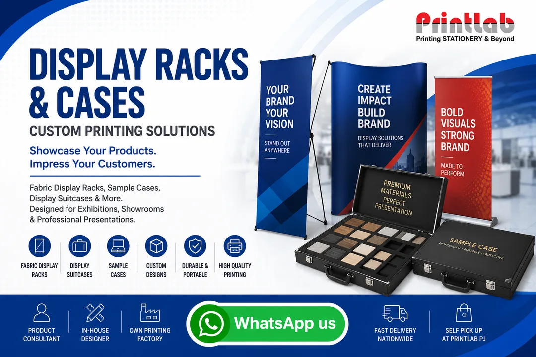 Printlab Marketing custom printed fabric display racks, aluminum presentation suitcases, and trade show sample cases with CNC foam inserts produced at Ara Damansara Petaling Jaya facility.