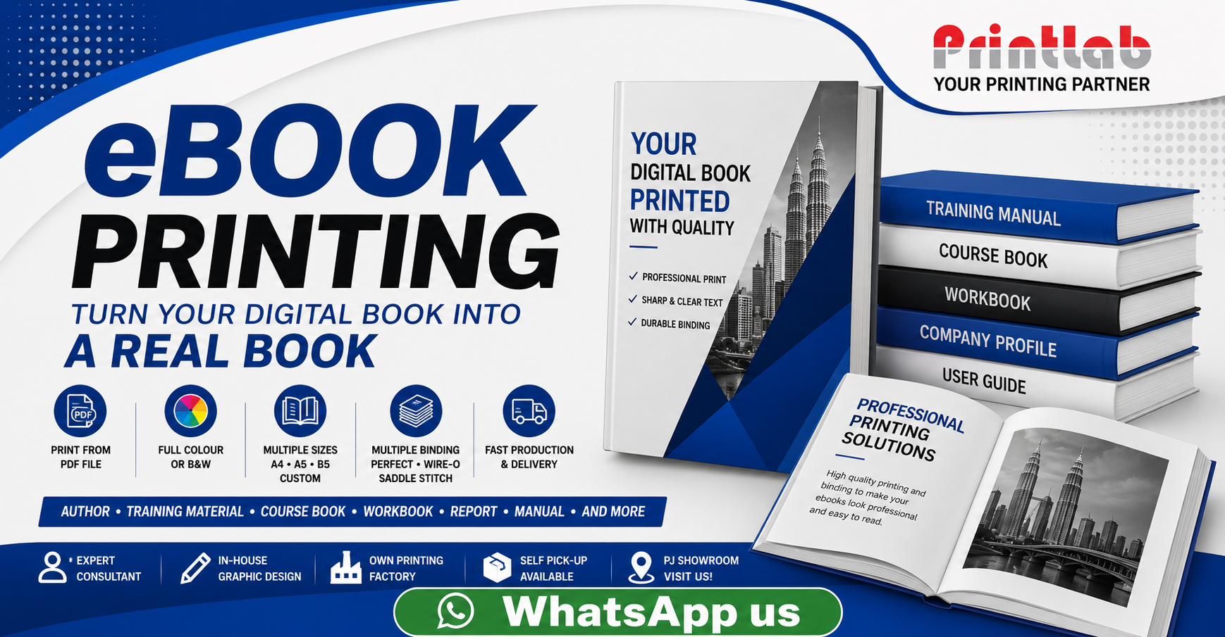 Printlab Marketing high quality eBook printing and binding service featuring softcover PUR bound books, Wire-O workbooks, and custom hardcovers printed from digital PDF files at Ara Damansara Petaling Jaya plant.