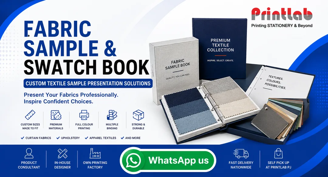 Printlab Marketing custom printed fabric sample books and textile swatch binders featuring pinking cut edges, waterfall swatch layouts, magnetic closures, and gold foil stamping at Ara Damansara Petaling Jaya facility.