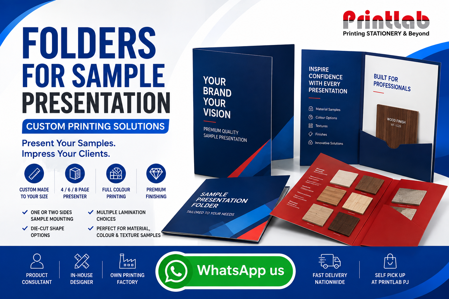 Printlab Marketing custom printed hardcase sample presentation folders featuring magnetic flip closures, custom CNC EVA foam sample trays, gold foil stamping, and anti-scratch matte lamination at Ara Damansara Petaling Jaya facility.