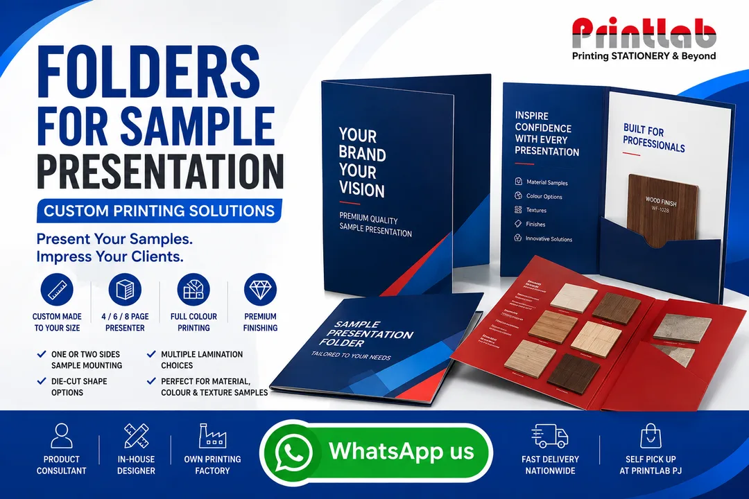 Printlab Marketing custom printed hardcase sample presentation folders featuring magnetic flip closures, custom CNC EVA foam sample trays, gold foil stamping, and anti-scratch matte lamination at Ara Damansara Petaling Jaya facility.