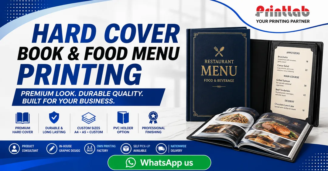 Printlab Marketing high quality hard cover food menu book printing service featuring rigid chipboard casing, transparent waterproof PVC sheet holders, metallic foil stamping, and lay-flat binding crafted at Ara Damansara Petaling Jaya factory.
