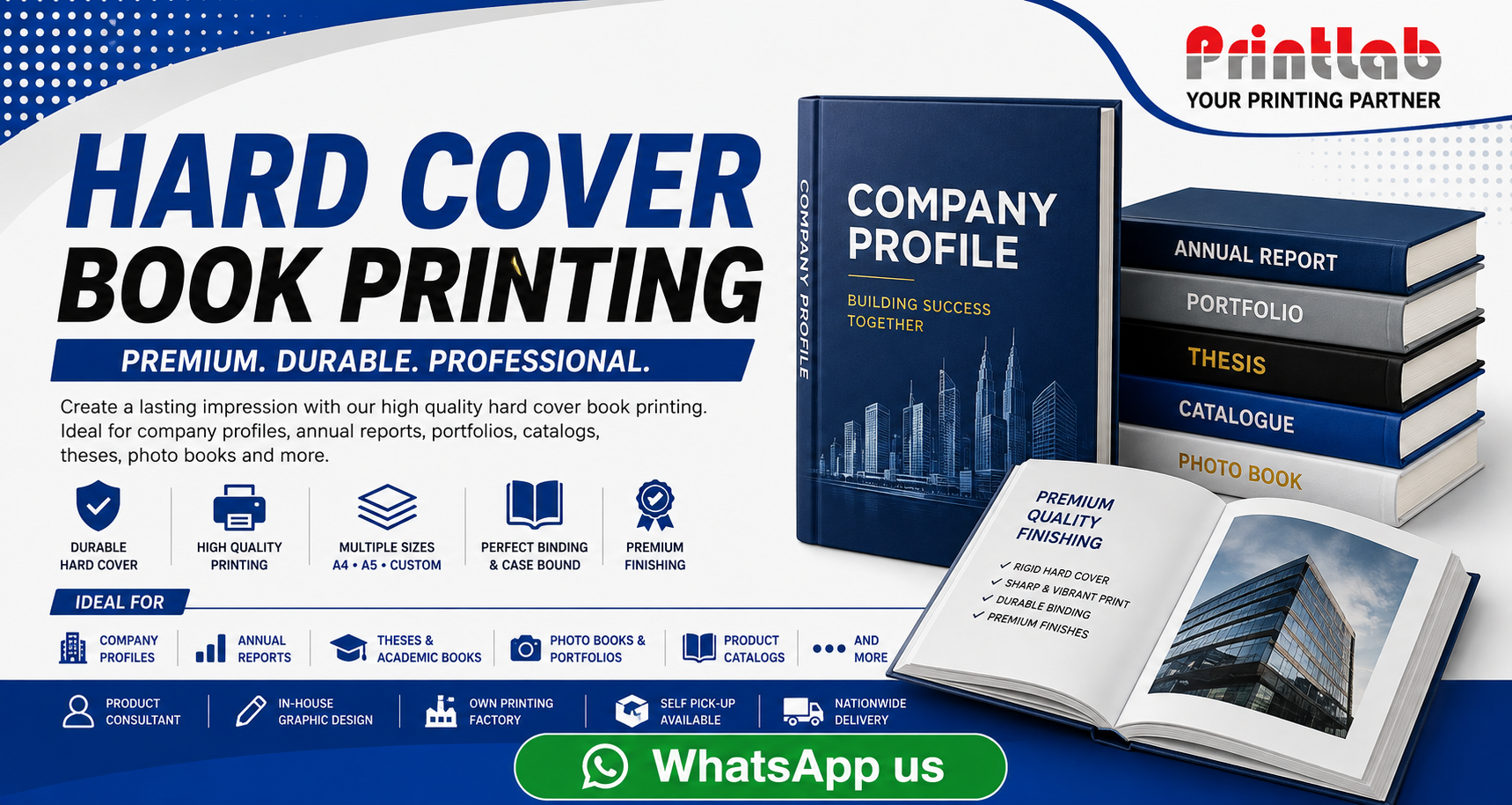 Printlab Marketing high quality hard cover book printing service featuring premium greyboard hardcase binding, gold foil stamping, spot UV finish, and custom endpapers crafted at Ara Damansara Petaling Jaya plant.