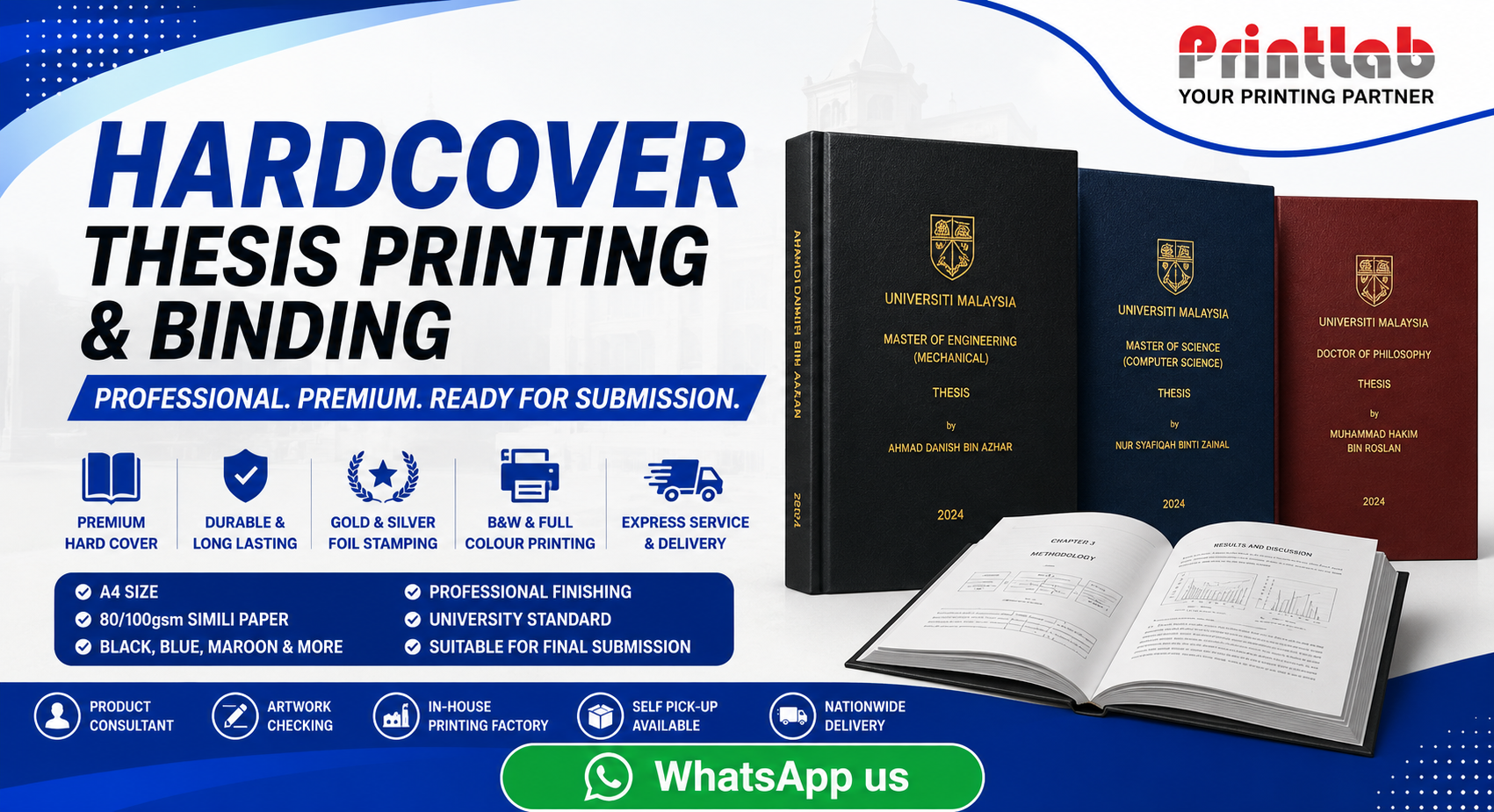 Printlab Marketing premium hardcover thesis printing service featuring buckram cloth binding, precision gold foil spine lettering, heavy greyboard casing, and high-resolution inner page printing crafted at Ara Damansara Petaling Jaya facility.