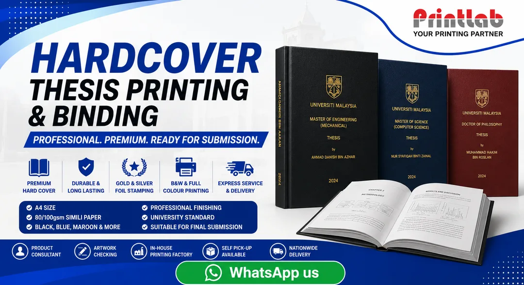 Printlab Marketing premium hardcover thesis printing service featuring buckram cloth binding, precision gold foil spine lettering, heavy greyboard casing, and high-resolution inner page printing crafted at Ara Damansara Petaling Jaya facility.