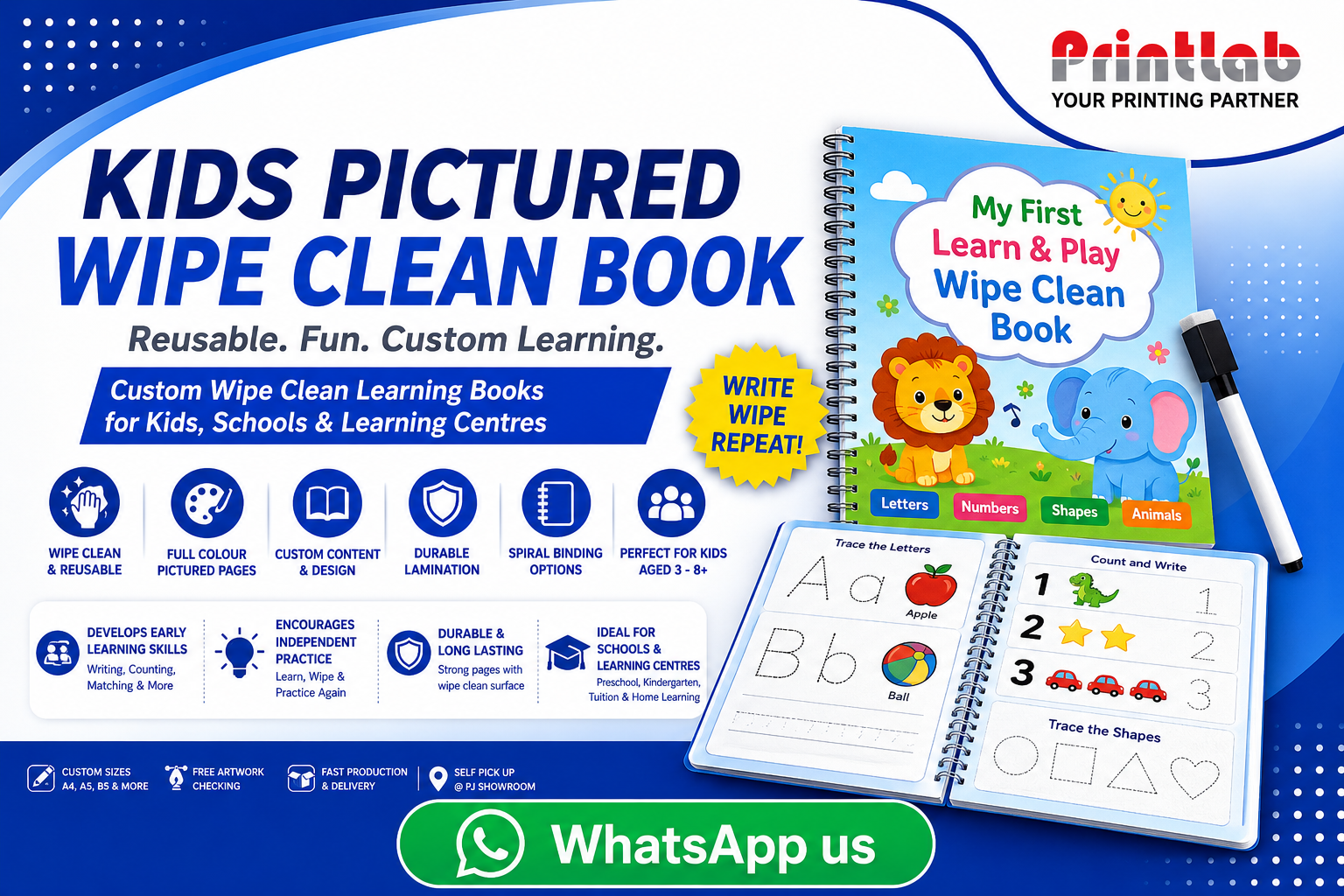 Printlab Marketing custom kids pictured wipe clean book printing service featuring high-gloss dry-erase lamination, heavy card stock, child-safe rounded corners, and durable wire-o binding produced at Ara Damansara Petaling Jaya facility.