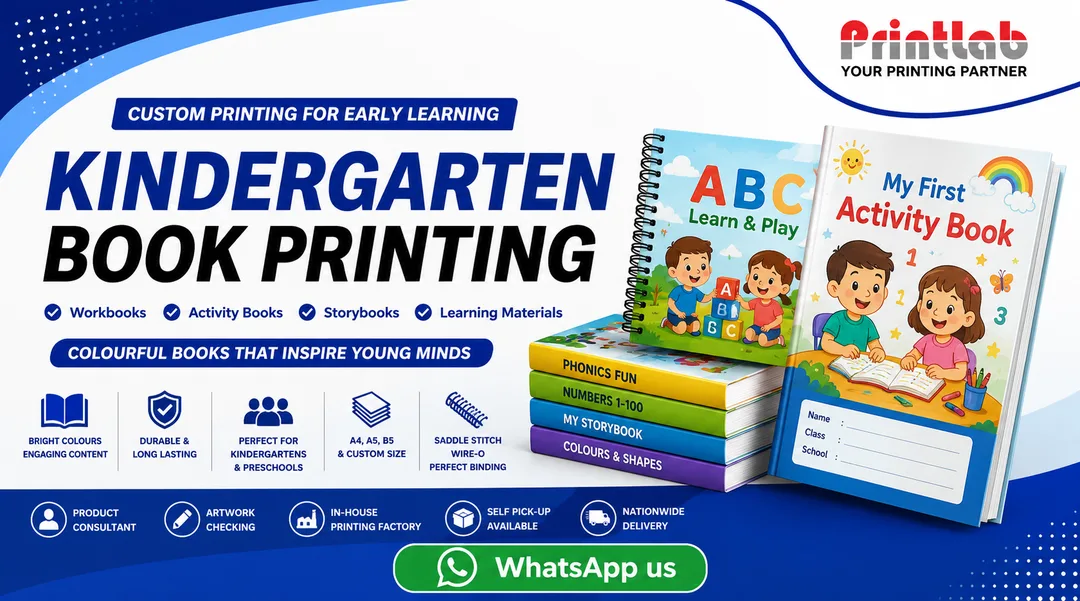 Printlab Marketing custom kindergarten book printing service featuring full-color laminated covers, rounded safety corners, thick non-bleed inner pages, and durable saddle stitch binding produced at Ara Damansara Petaling Jaya printing facility.