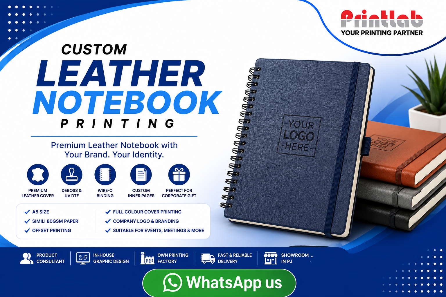 Printlab Marketing custom executive PU leather notebook printing service featuring hot foil stamping, deep blind debossing, magnetic buckle lock, and edge painting produced at Ara Damansara Petaling Jaya production facility.