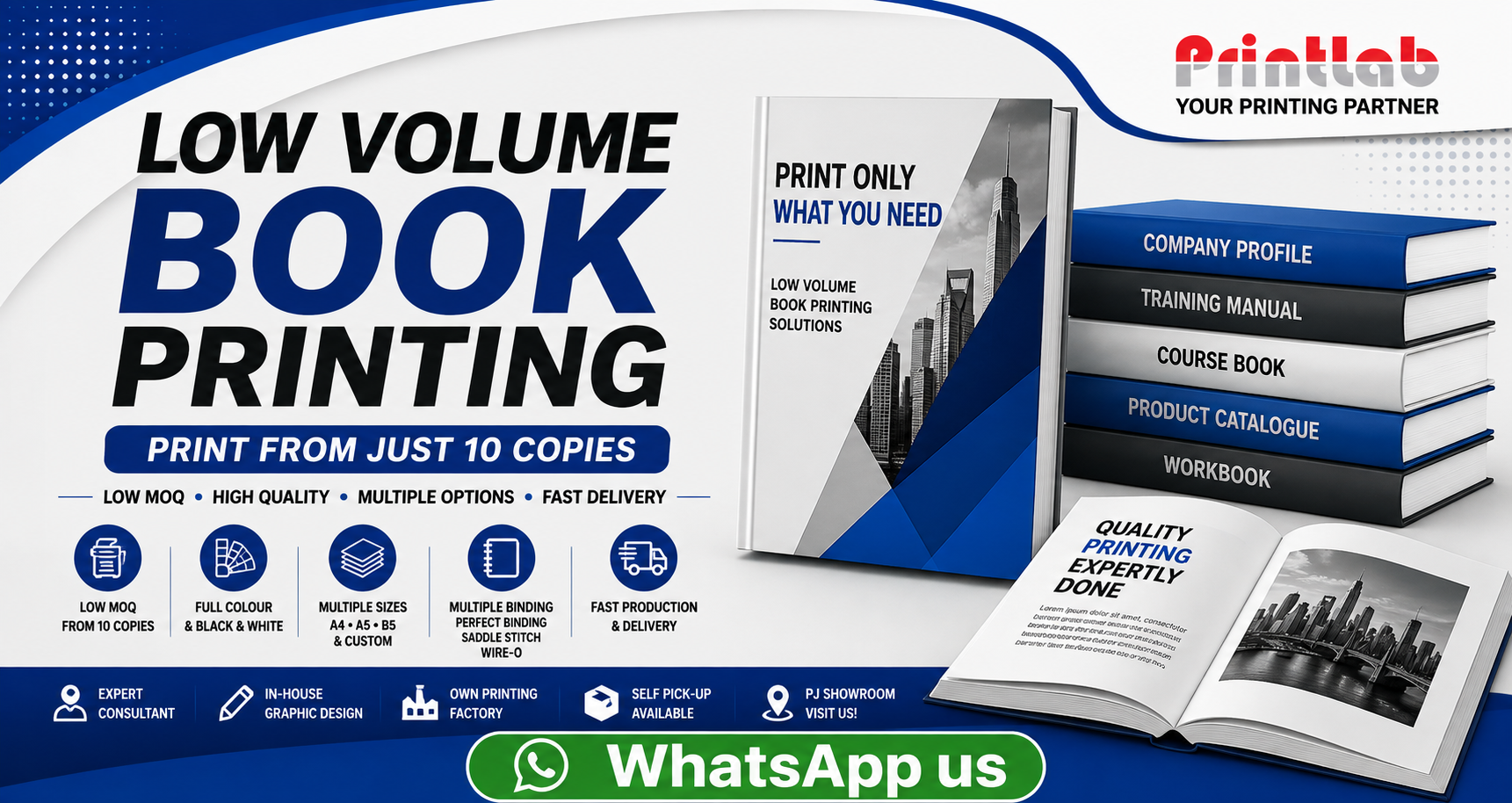 Printlab Marketing high quality low volume book printing featuring PUR perfect bound softcover books, manuals, and wire-o workbooks at Ara Damansara Petaling Jaya production plant.