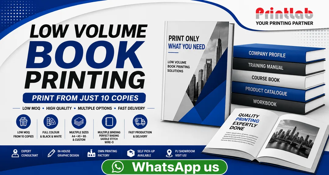 Printlab Marketing high quality low volume book printing featuring PUR perfect bound softcover books, manuals, and wire-o workbooks at Ara Damansara Petaling Jaya production plant.