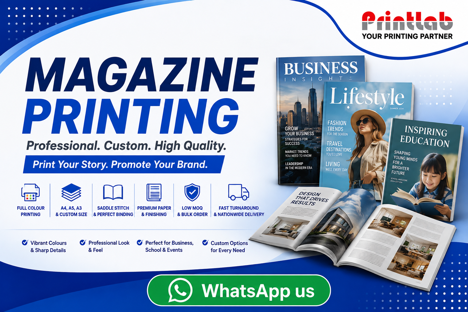 Printlab Marketing custom magazine printing service featuring vibrant full-color pages, premium laminated gloss covers, perfect glue binding, and optional protective imagewrap slipcases produced at Ara Damansara Petaling Jaya facility.